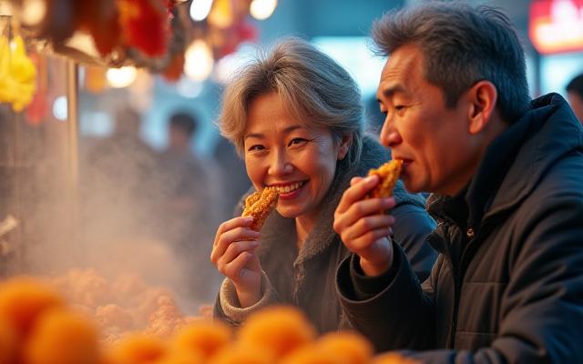전통 시장에서 길거리 음식을 맛보는 활기찬 모습